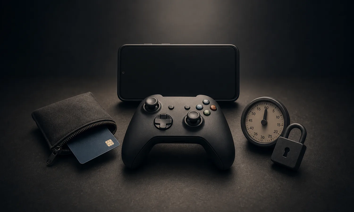 Build a Game Spending Firewall lesson art: game controller, dark screen, bank card tucked away, and timer as a spending pause cue