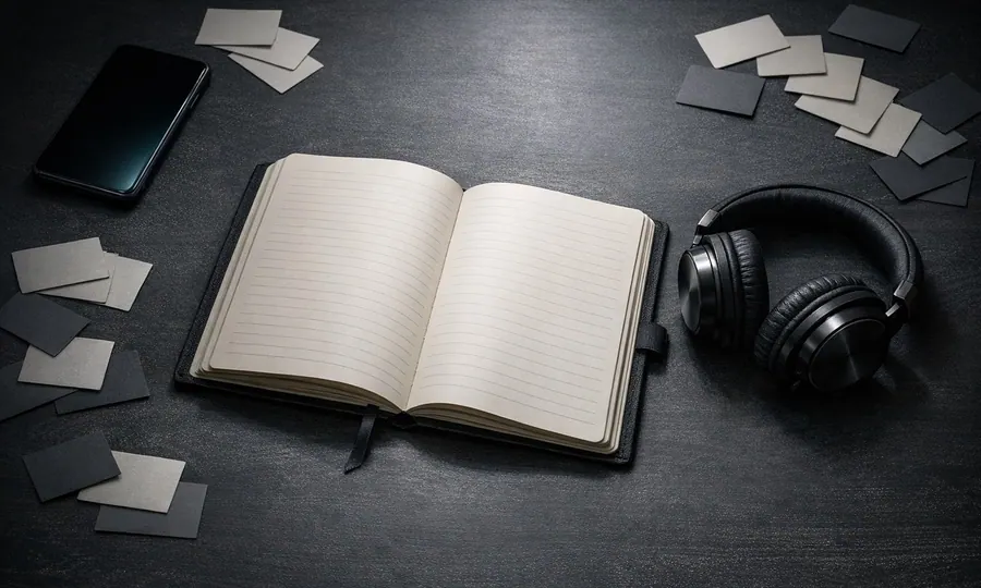 Focus lesson art: open notebook and headphones centered on a dark desk while a phone and scattered novelty cards are pushed to the edges