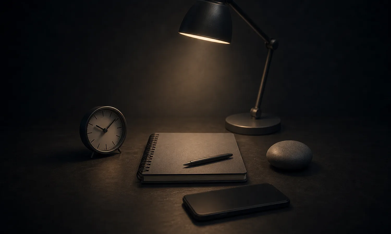 Three Pillars of Attention lesson art: desk lamp, blank notebook, timer, smooth stone, and face-down phone centered on a dark desk