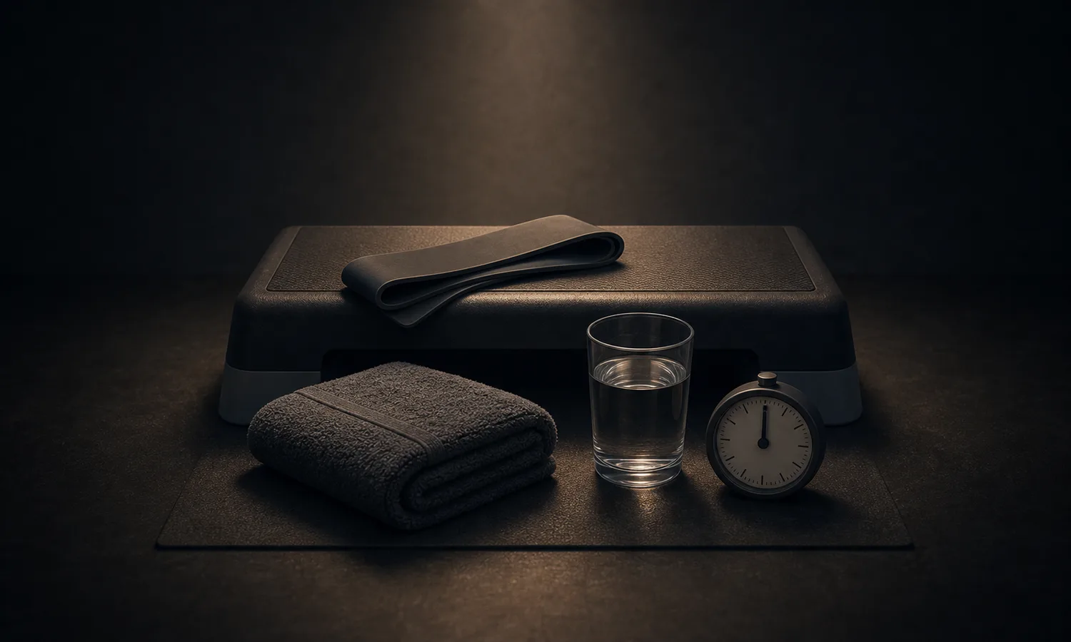 Stress lesson art: step block, resistance band, towel, water glass, and timer arranged as manageable challenge plus recovery